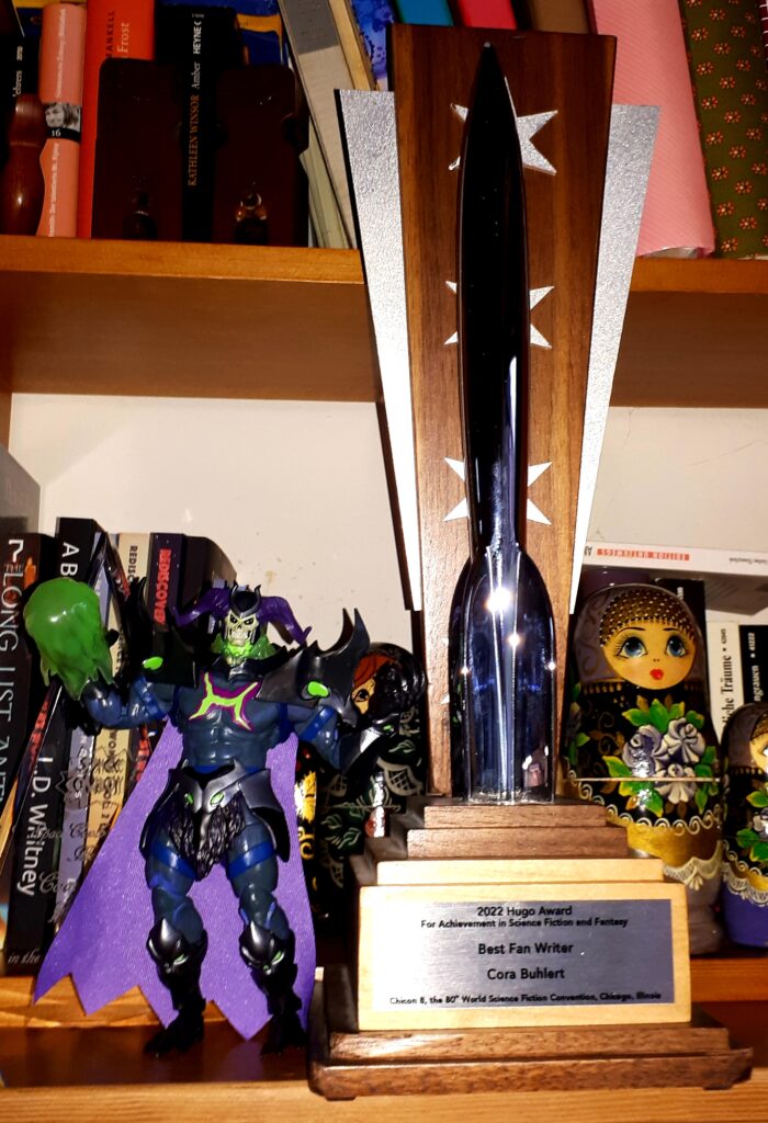 Skelegod with 2022 Hugo Award trophy