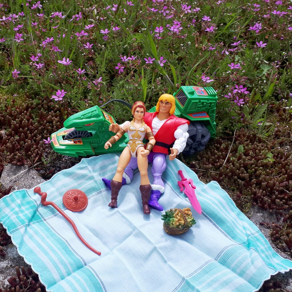 Adam and Teela are having a picnic and making out.