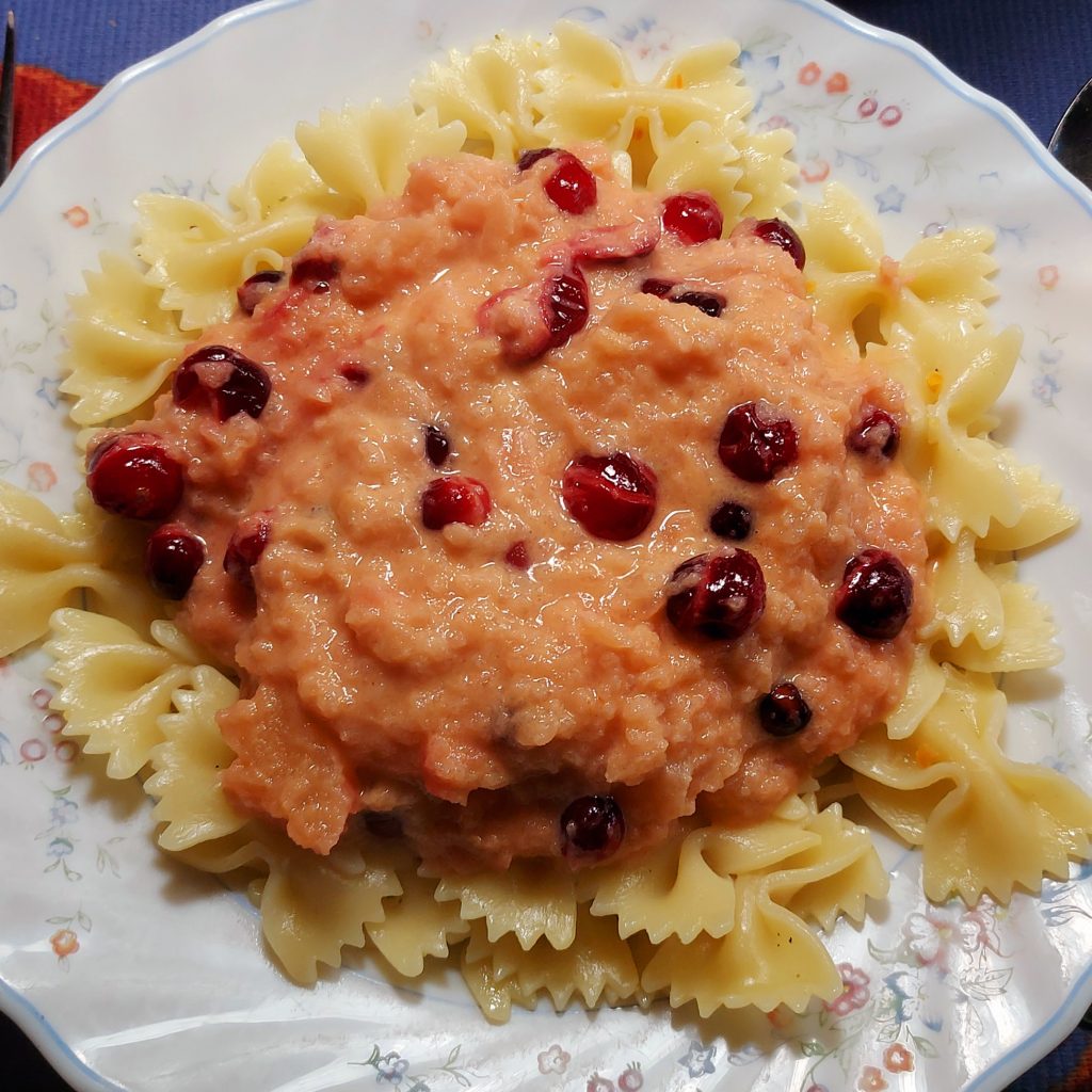 Pasta with apple cranberry sauce.
