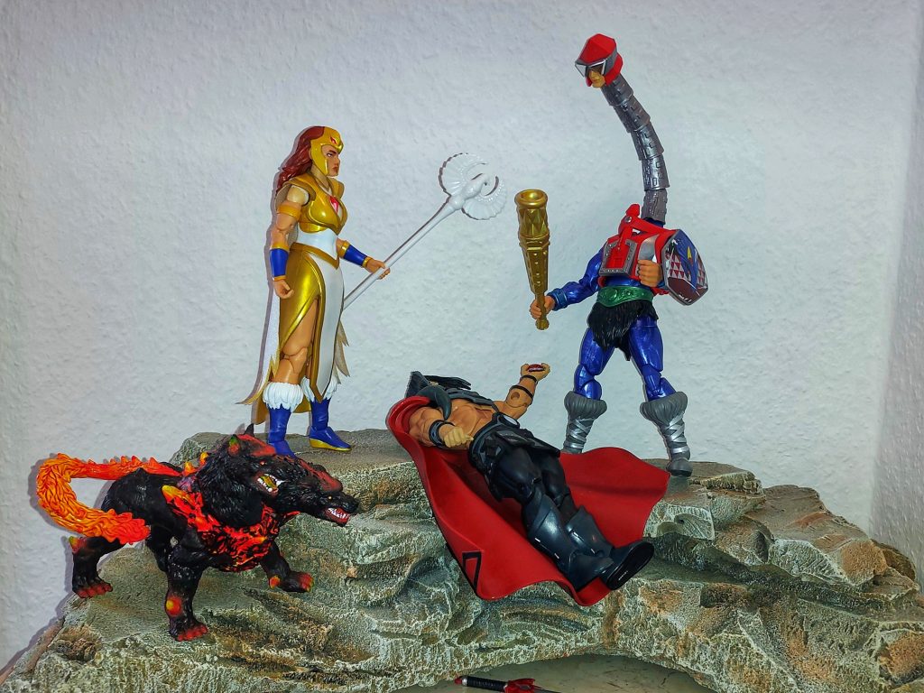 Teela and Mekaneck stand over the fallen Count Marzo.
