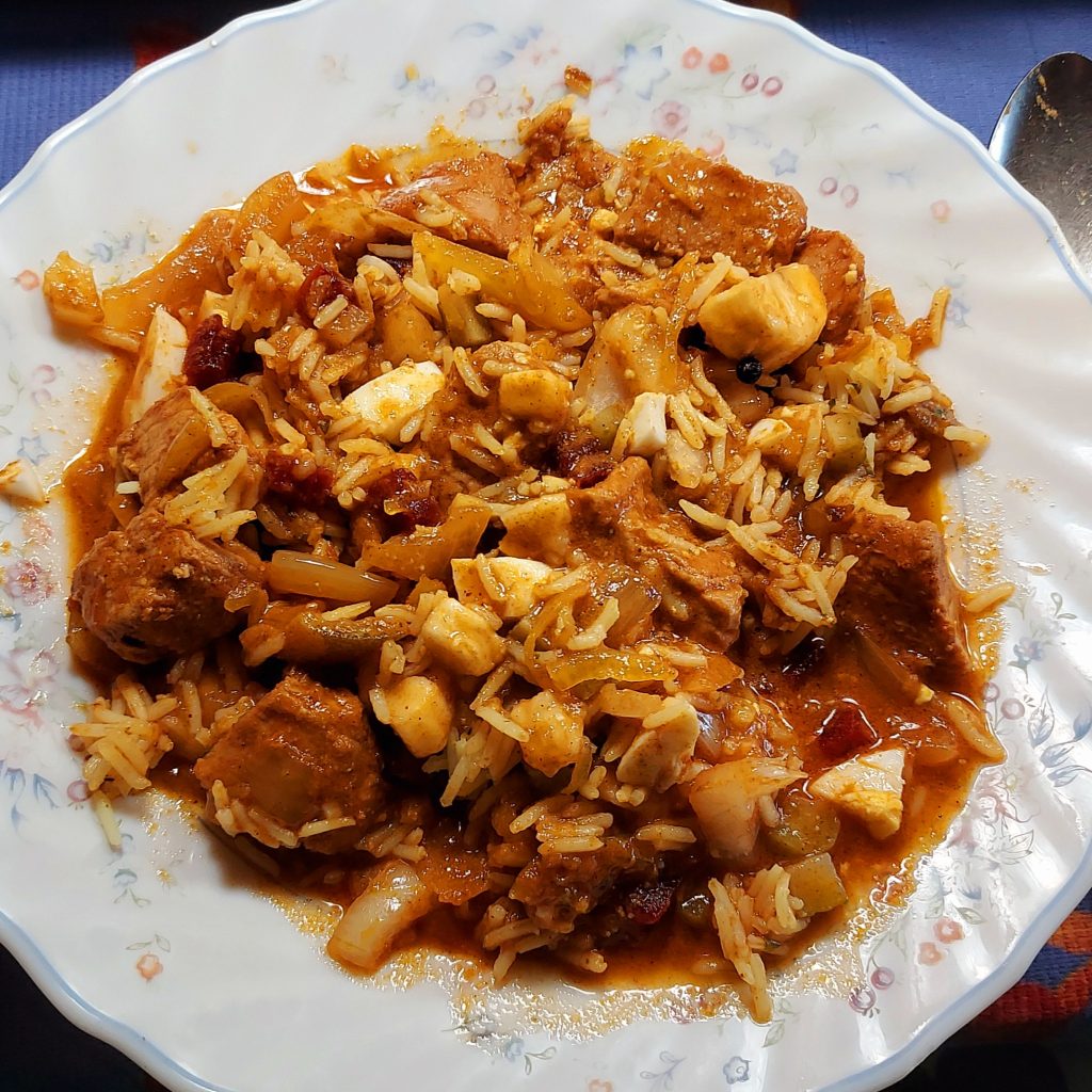 Sailor's curry mixed up on the plate.
