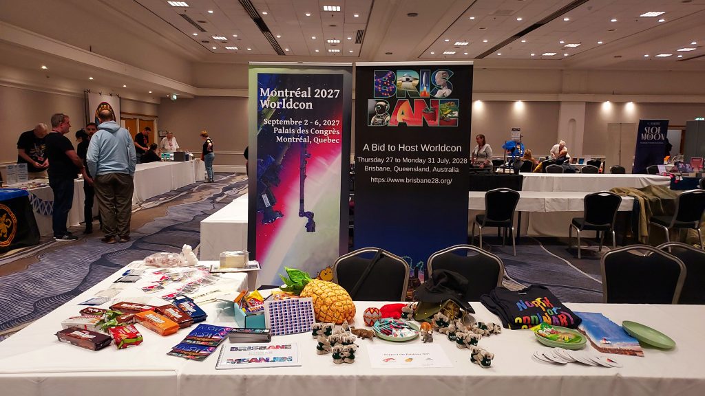 Brisbane in 2028 Worldcon bid table at Eastercon in Birmingham
